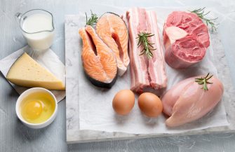 Foods high in animal protein on grey background. Top view